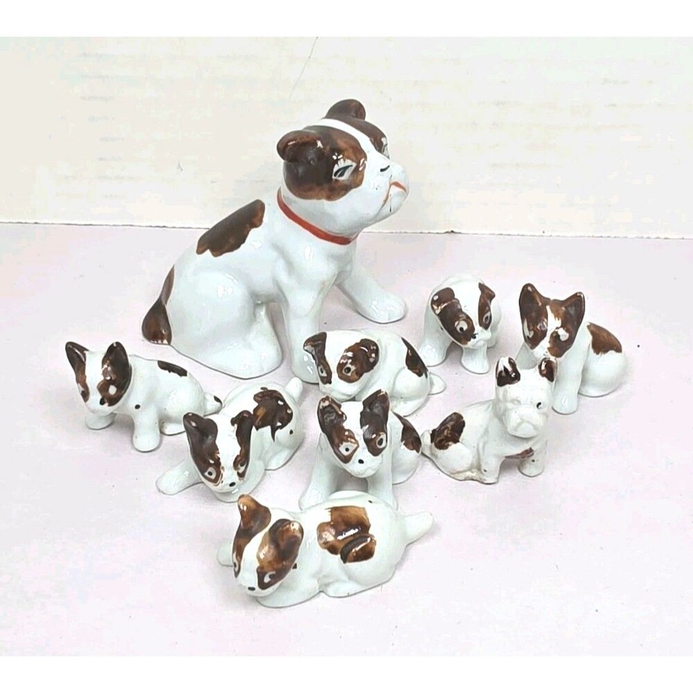 Vintage 1950's Boston Terrier  8 Puppies Porcelain Japan Figurines READ